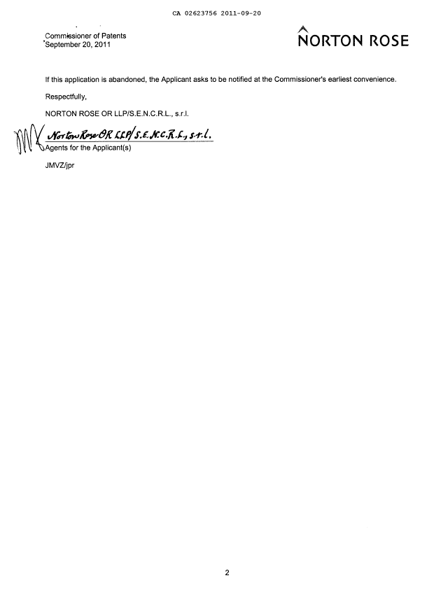 Document de brevet canadien 2623756. Poursuite-Amendment 20110920. Image 2 de 2