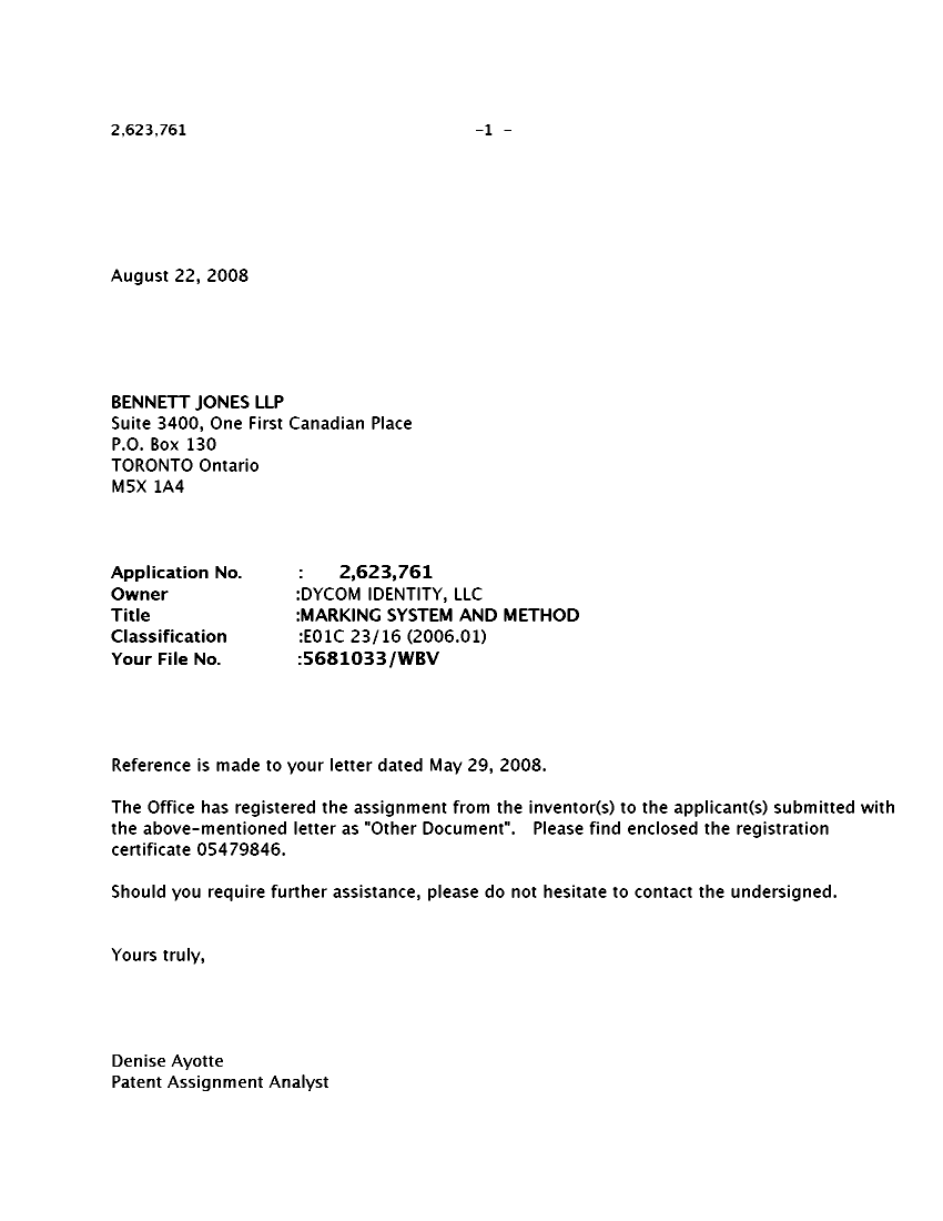 Document de brevet canadien 2623761. Correspondance 20080822. Image 1 de 2