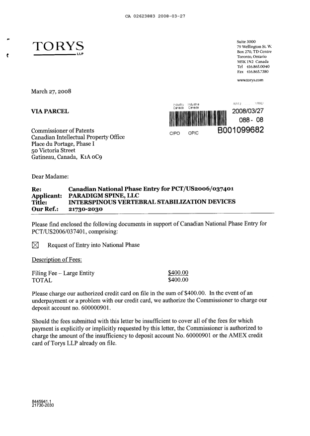 Document de brevet canadien 2623883. Cession 20080327. Image 1 de 4