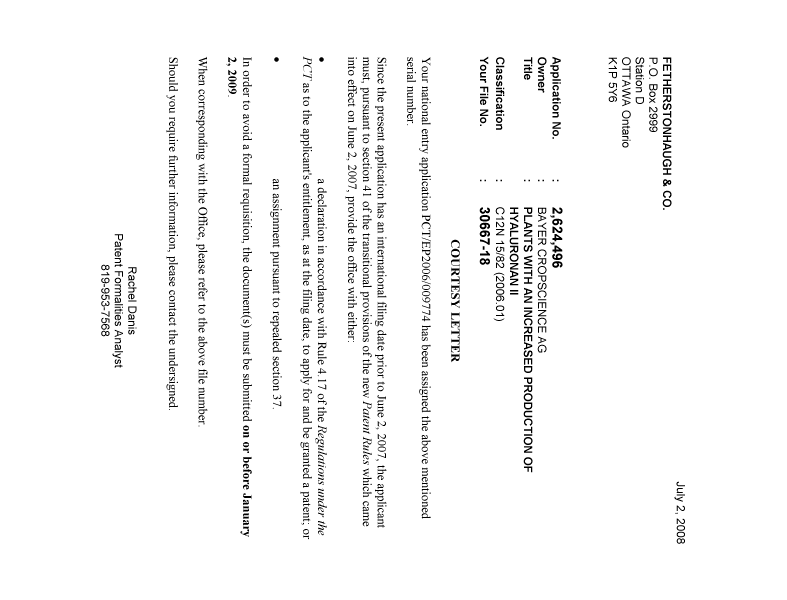 Document de brevet canadien 2624496. Correspondance 20080627. Image 1 de 1