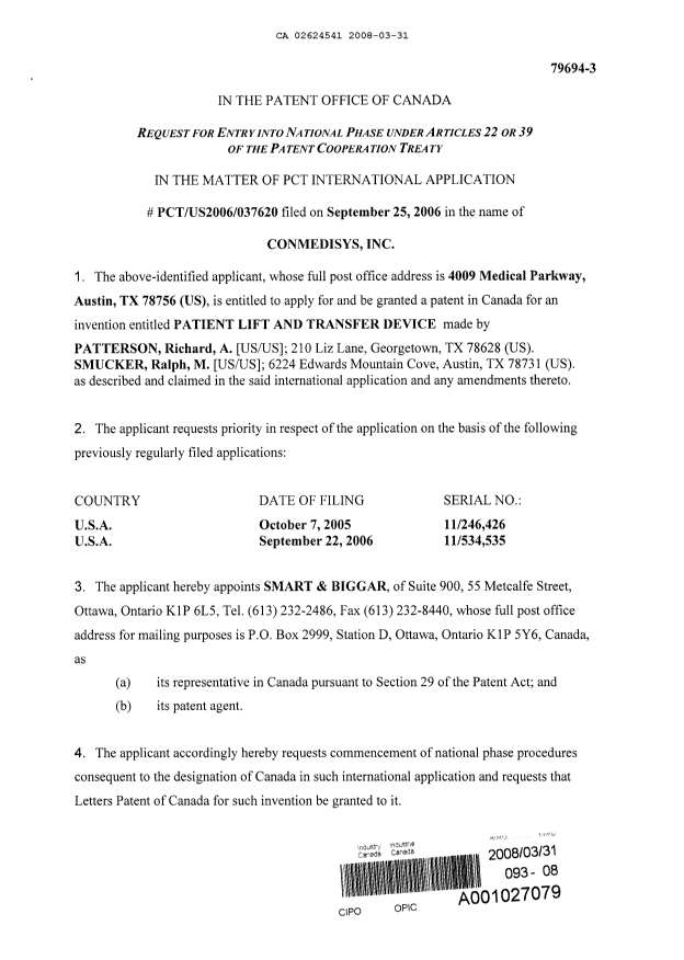 Document de brevet canadien 2624541. Cession 20080331. Image 2 de 3