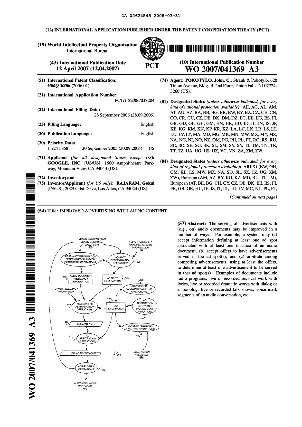 Canadian Patent Document 2624545. Abstract 20080331. Image 1 of 2