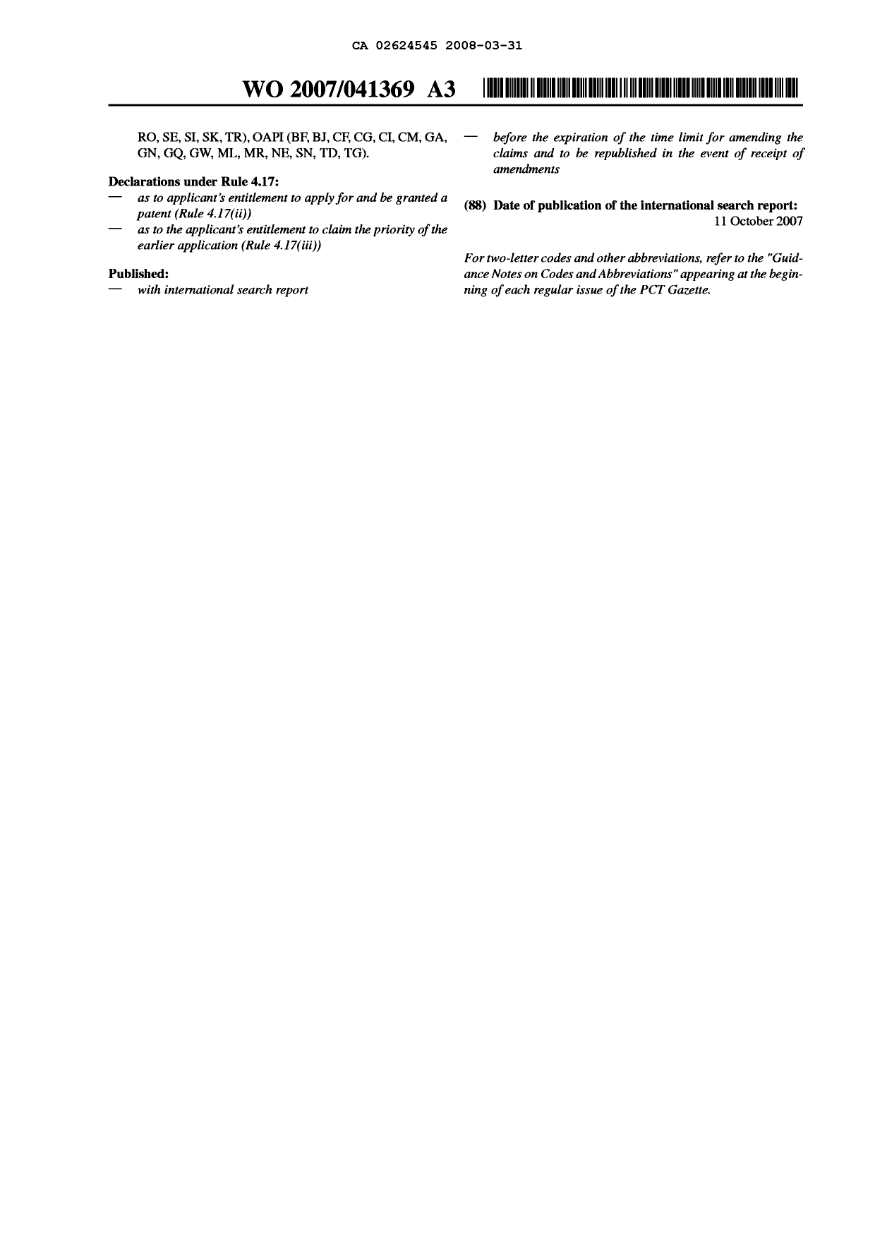 Document de brevet canadien 2624545. Abrégé 20080331. Image 2 de 2