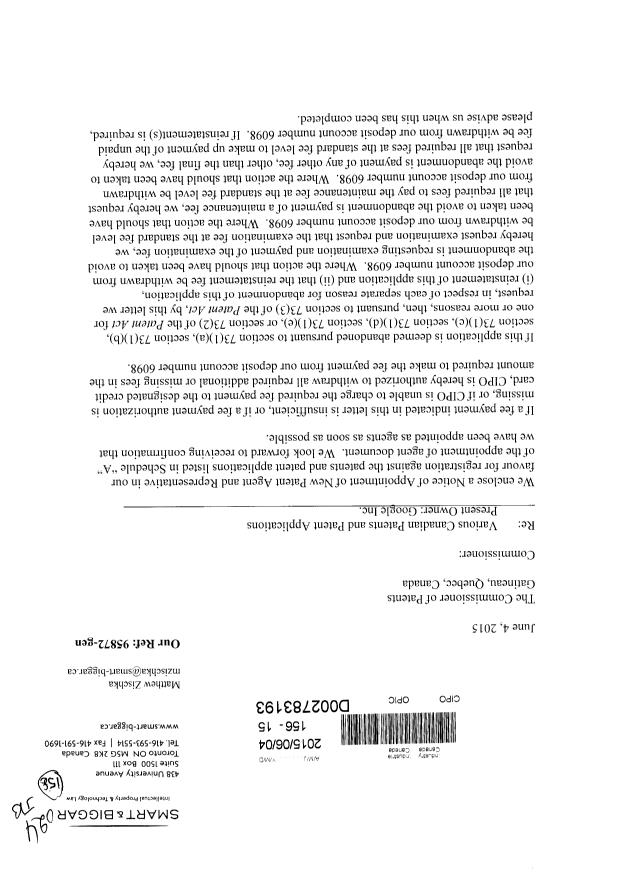 Document de brevet canadien 2624545. Correspondance 20150604. Image 1 de 12