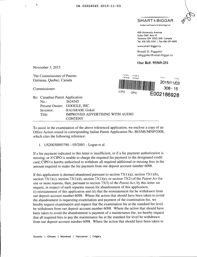 Document de brevet canadien 2624545. Modification 20151103. Image 1 de 2