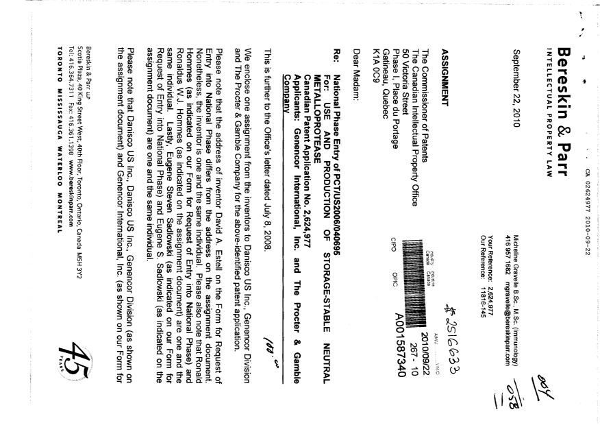 Document de brevet canadien 2624977. Correspondance 20100922. Image 1 de 2