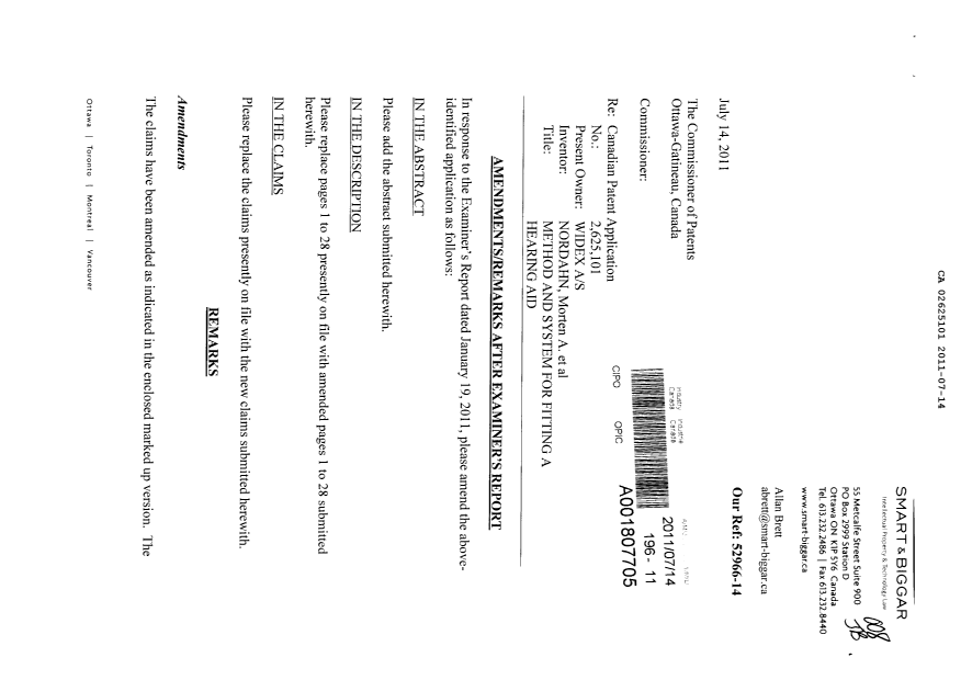 Document de brevet canadien 2625101. Poursuite-Amendment 20110714. Image 1 de 49