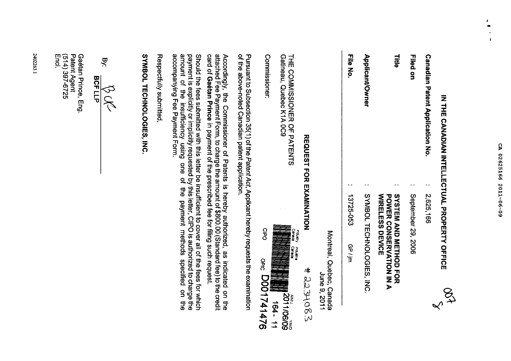 Canadian Patent Document 2625166. Prosecution-Amendment 20110609. Image 1 of 1