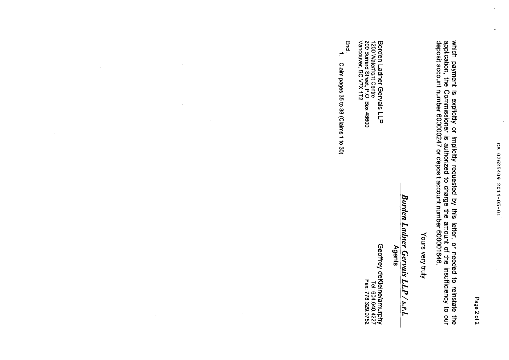 Canadian Patent Document 2625409. Prosecution-Amendment 20140501. Image 2 of 6