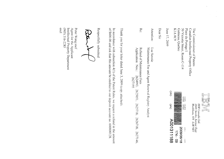 Canadian Patent Document 2625718. Correspondence 20090618. Image 1 of 2