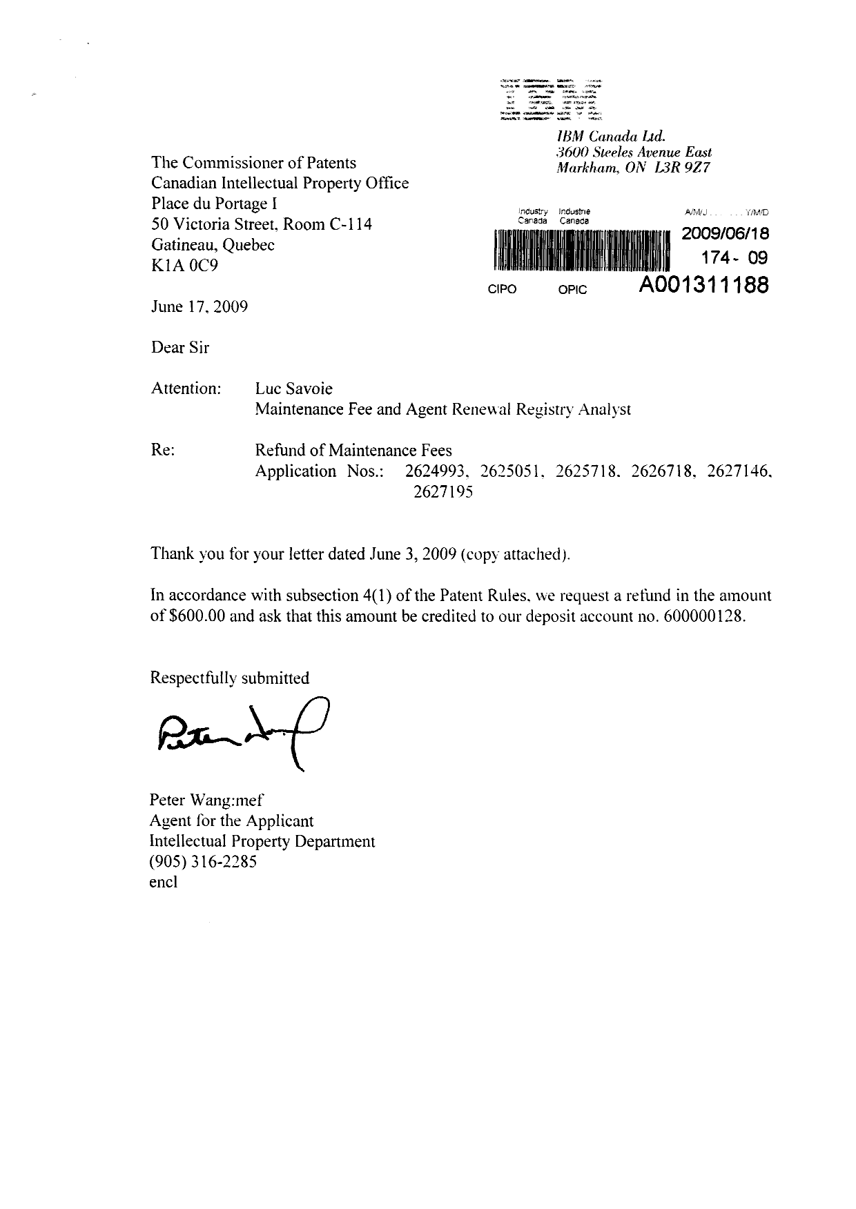 Document de brevet canadien 2625718. Correspondance 20090618. Image 1 de 2