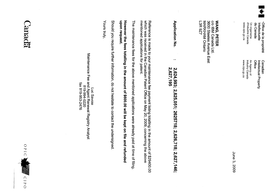 Canadian Patent Document 2625718. Correspondence 20090618. Image 2 of 2