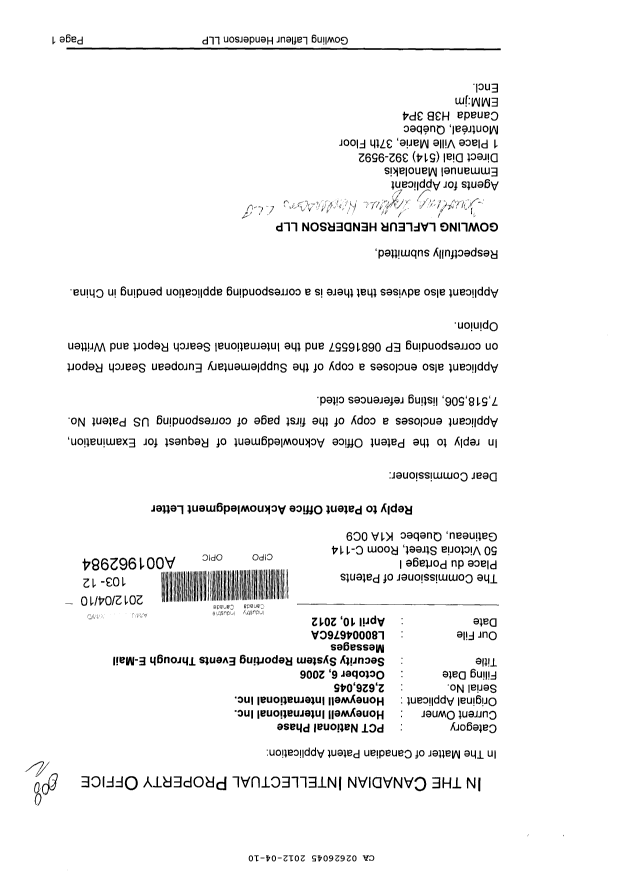 Canadian Patent Document 2626045. Prosecution-Amendment 20120410. Image 1 of 1