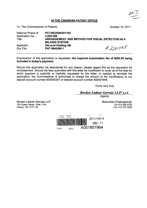 Canadian Patent Document 2626286. Prosecution-Amendment 20111014. Image 1 of 1