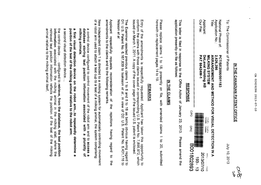 Document de brevet canadien 2626286. Poursuite-Amendment 20130710. Image 1 de 9