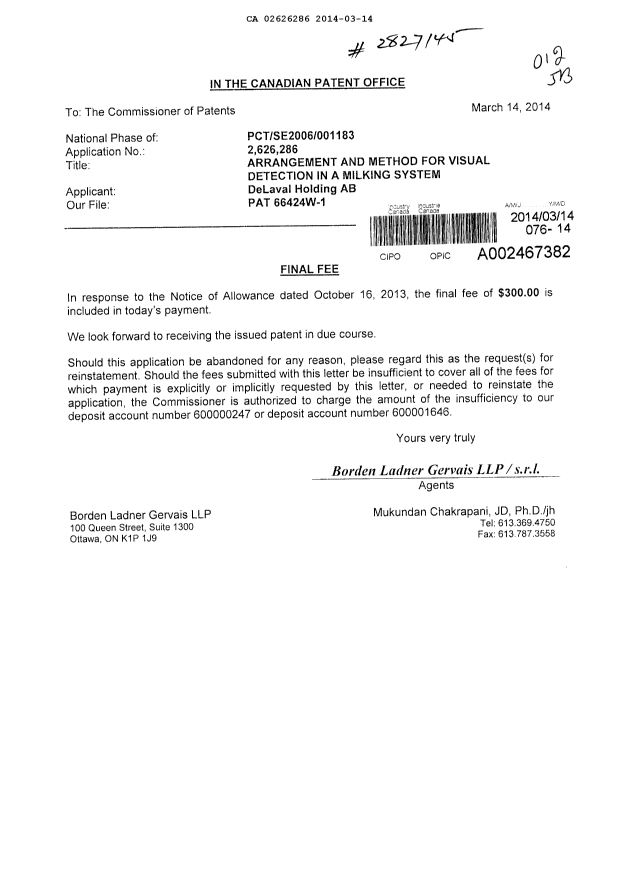 Canadian Patent Document 2626286. Correspondence 20140314. Image 1 of 1