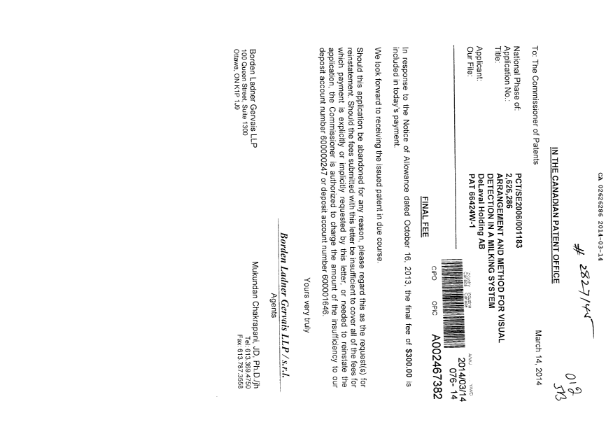 Document de brevet canadien 2626286. Correspondance 20140314. Image 1 de 1