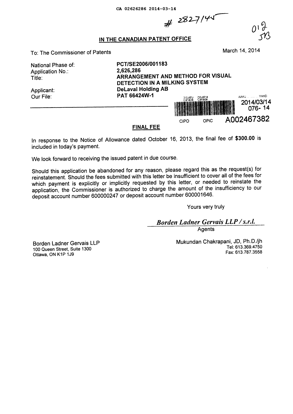 Document de brevet canadien 2626286. Correspondance 20140314. Image 1 de 1