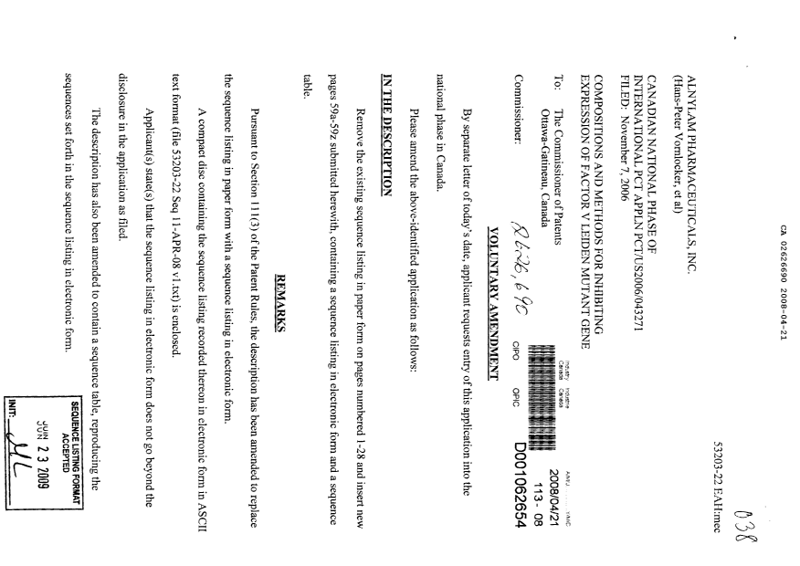 Document de brevet canadien 2626690. Poursuite-Amendment 20071221. Image 1 de 28