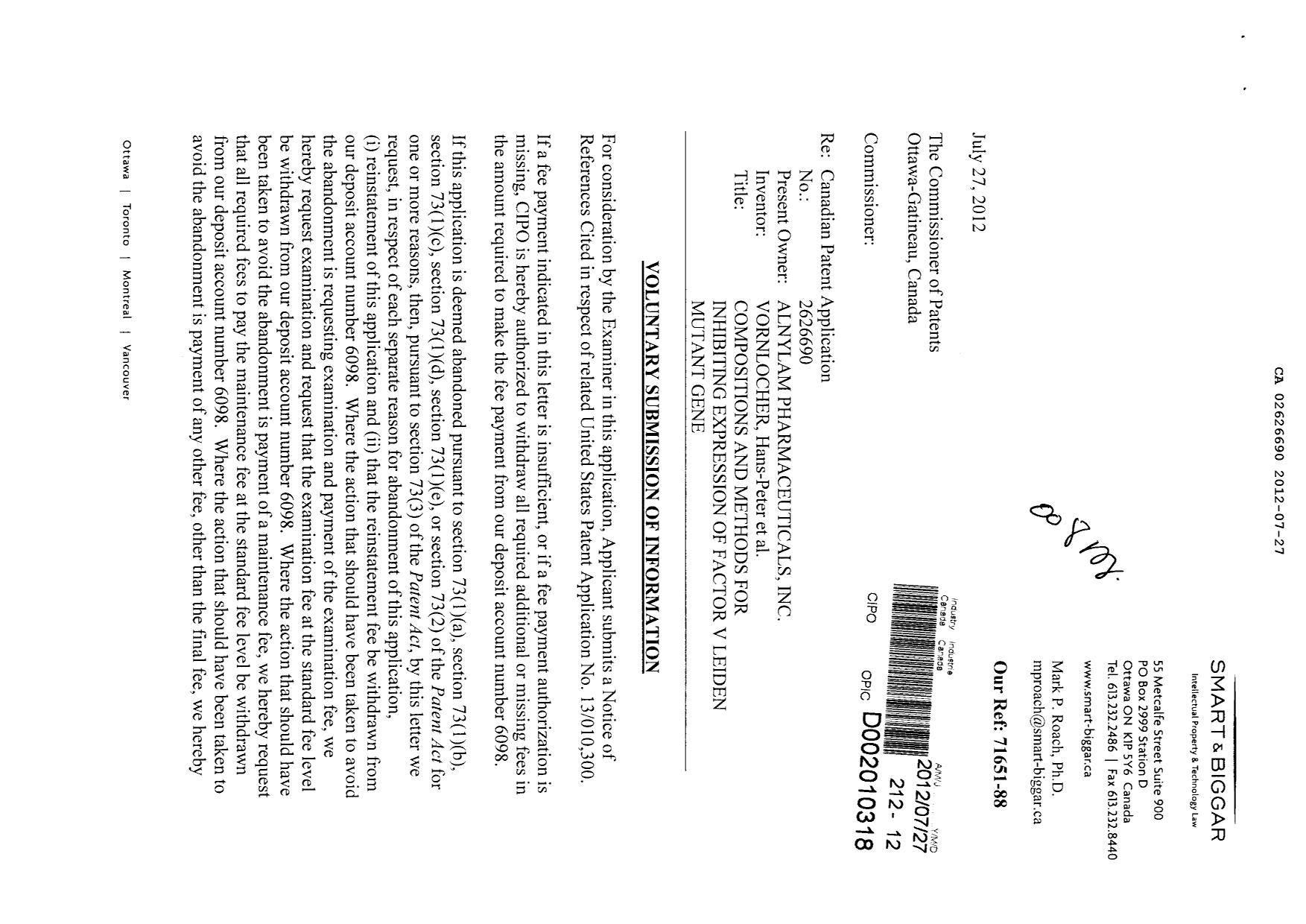 Canadian Patent Document 2626690. Prosecution-Amendment 20111227. Image 1 of 2