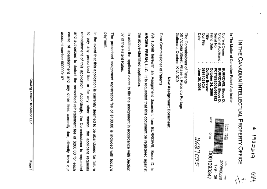 Document de brevet canadien 2627055. Cession 20080626. Image 1 de 5