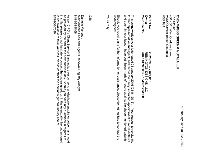 Document de brevet canadien 2627055. Lettre du bureau 20160201. Image 1 de 1