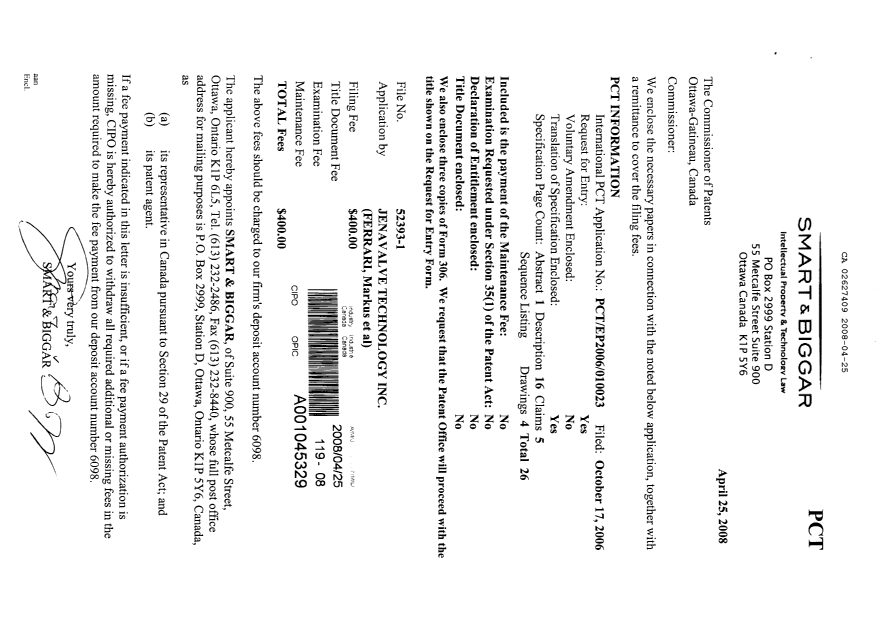 Document de brevet canadien 2627409. Cession 20080425. Image 1 de 3