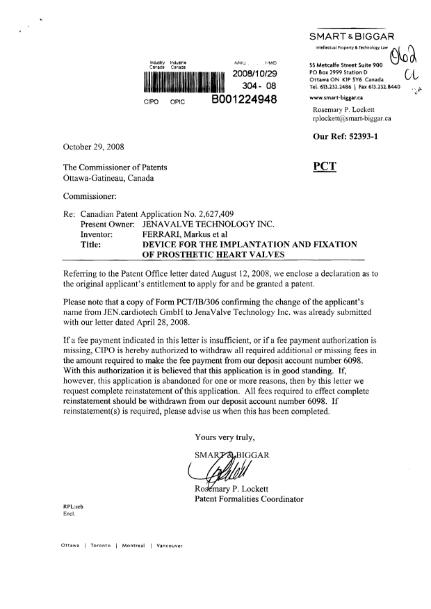 Canadian Patent Document 2627409. Correspondence 20081029. Image 1 of 2