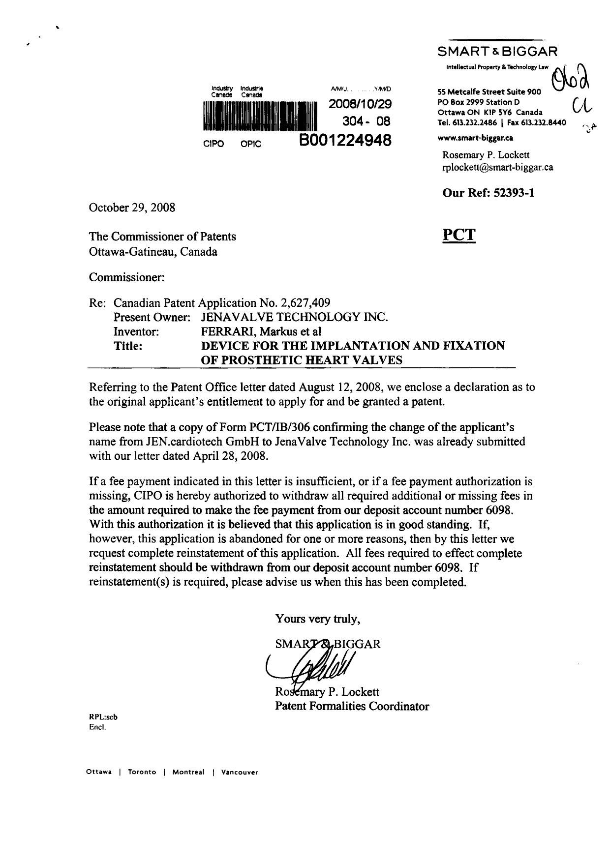Document de brevet canadien 2627409. Correspondance 20081029. Image 1 de 2