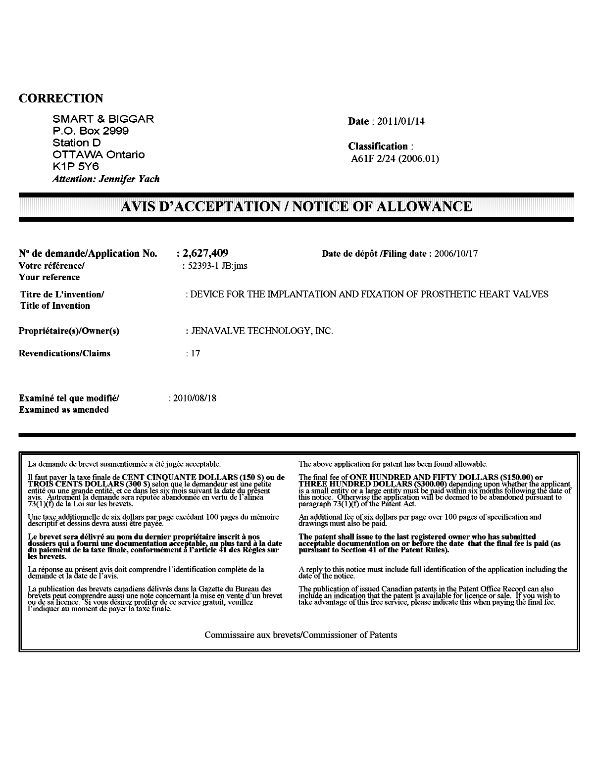 Document de brevet canadien 2627409. Correspondance 20110114. Image 1 de 1
