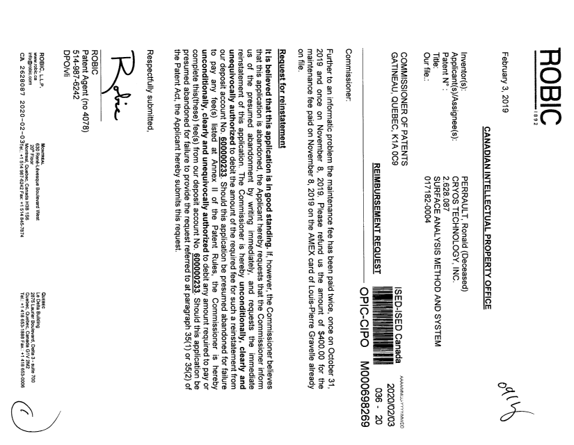 Document de brevet canadien 2628087. Remboursement 20200203. Image 1 de 1