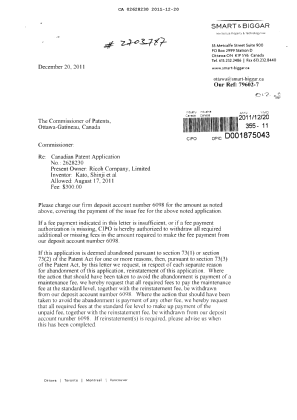 Document de brevet canadien 2628230. Correspondance 20111220. Image 1 de 2