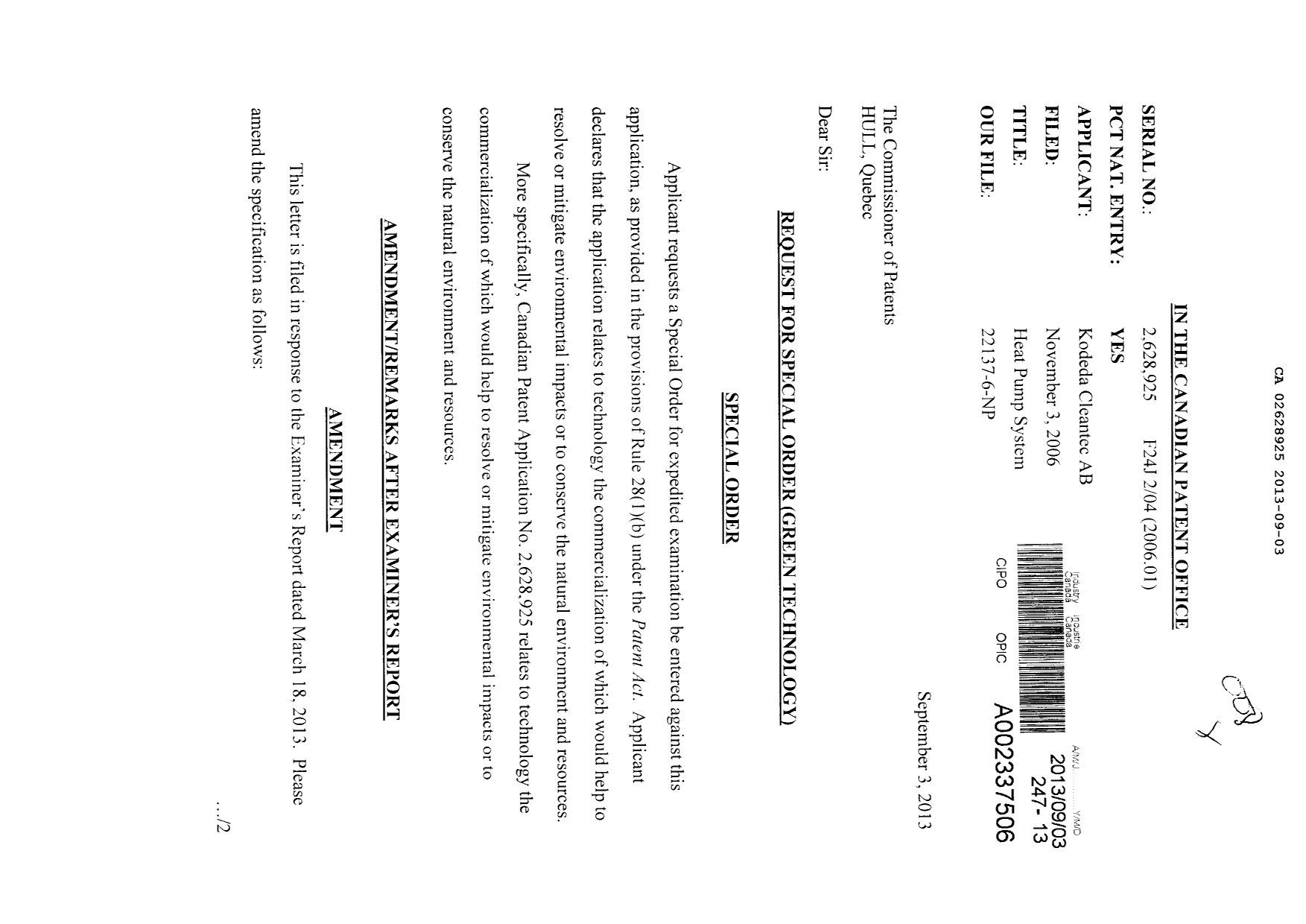 Document de brevet canadien 2628925. Poursuite-Amendment 20121203. Image 1 de 8