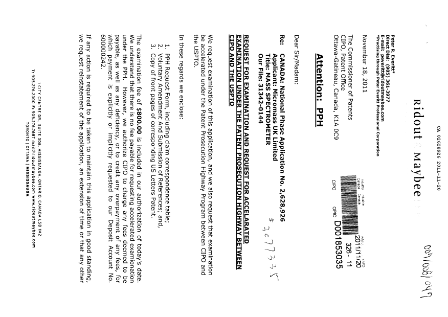Canadian Patent Document 2628926. Prosecution-Amendment 20111120. Image 1 of 20