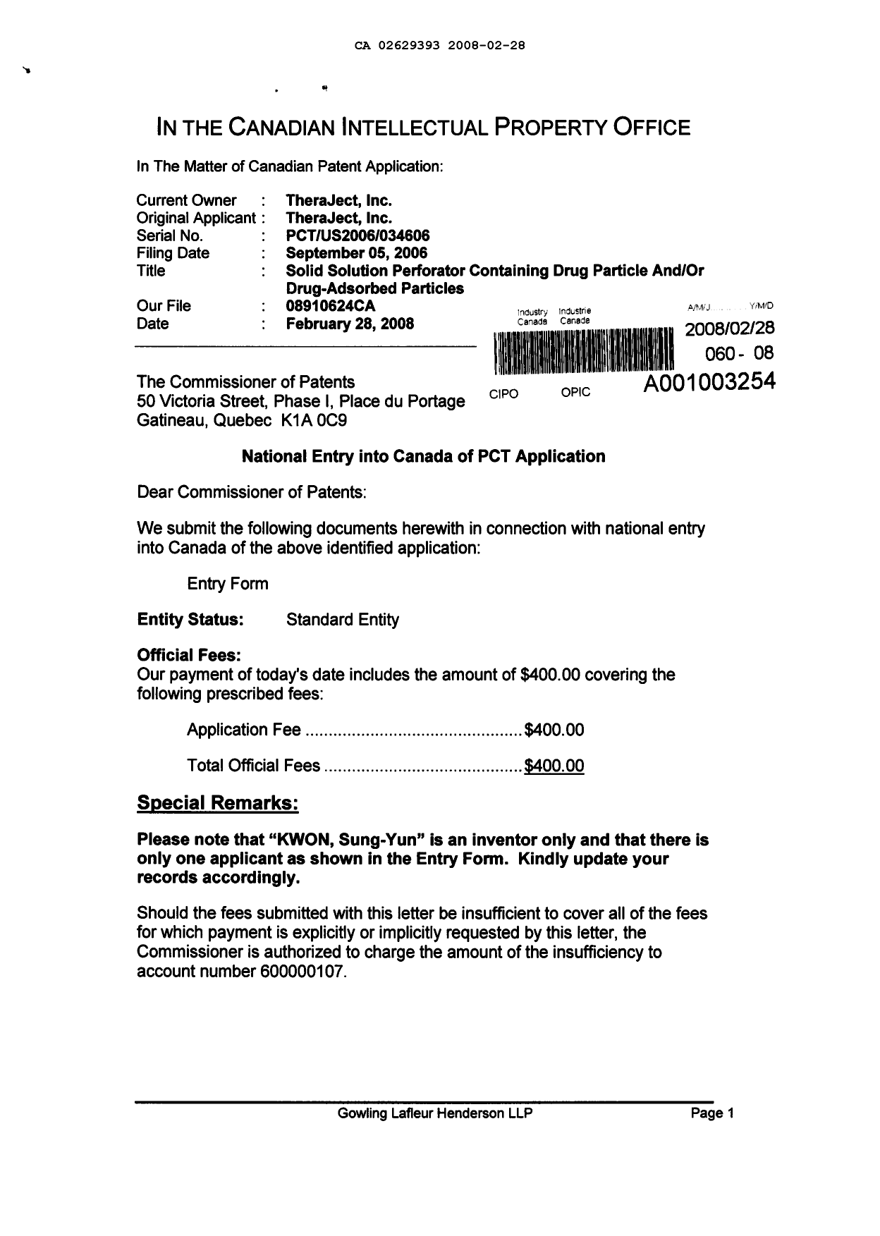 Document de brevet canadien 2629393. Cession 20080228. Image 1 de 3