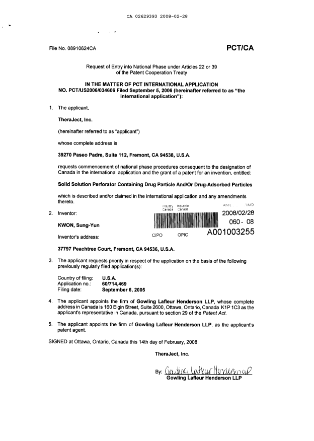 Document de brevet canadien 2629393. Cession 20080228. Image 3 de 3