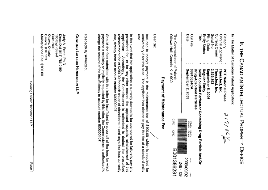 Document de brevet canadien 2629393. Taxes 20090902. Image 1 de 1