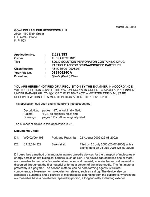 Canadian Patent Document 2629393. Prosecution-Amendment 20130326. Image 1 of 3