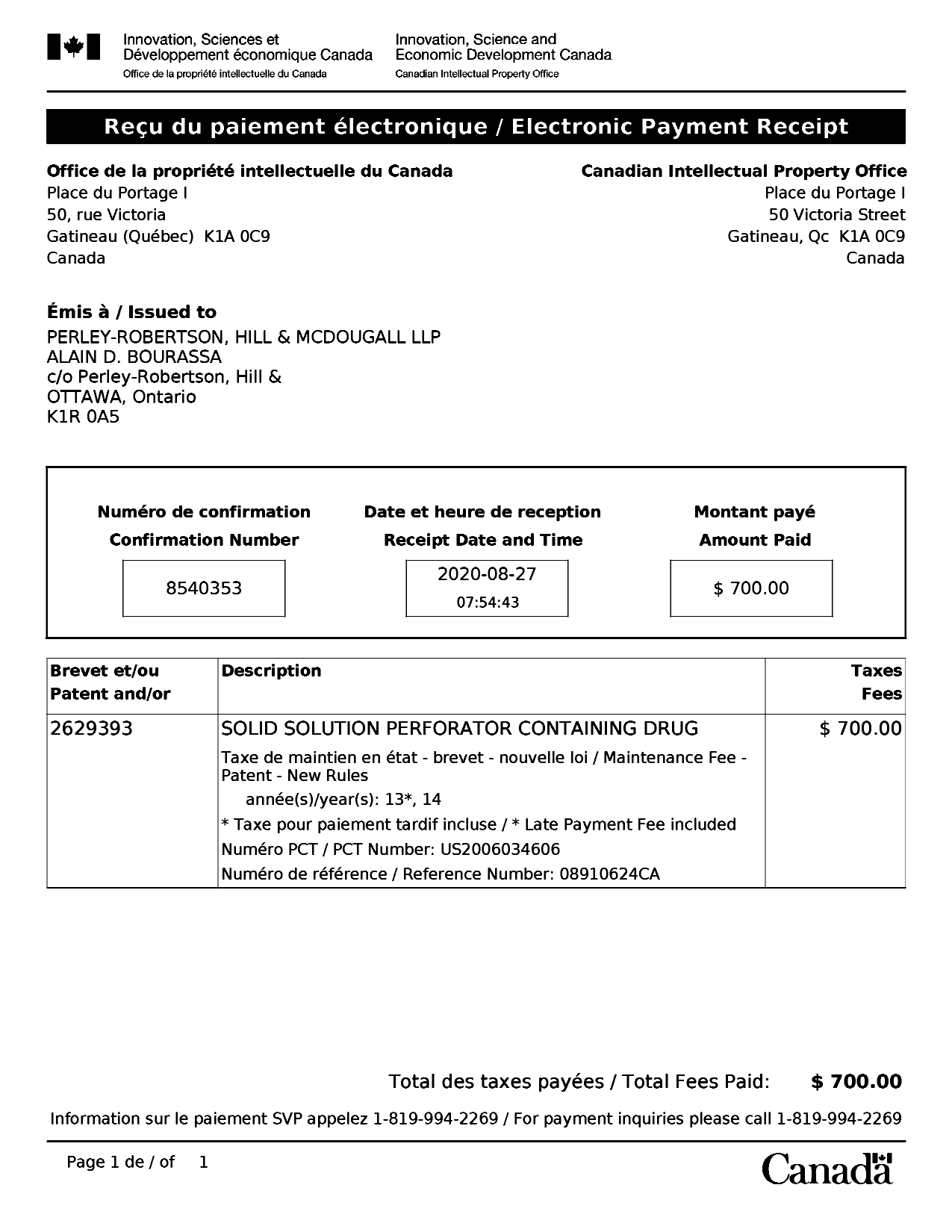 Document de brevet canadien 2629393. Paiement de taxe périodique 20200827. Image 1 de 1