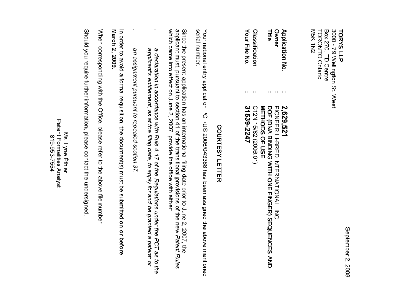 Document de brevet canadien 2629521. Correspondance 20080825. Image 1 de 1