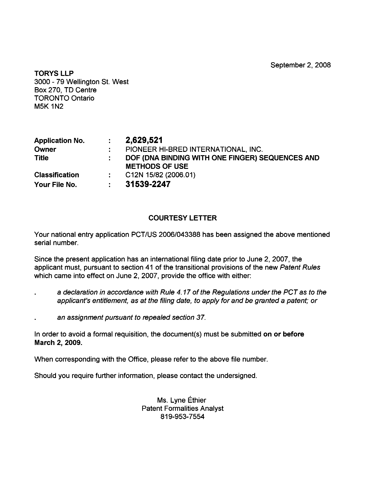 Document de brevet canadien 2629521. Correspondance 20080825. Image 1 de 1