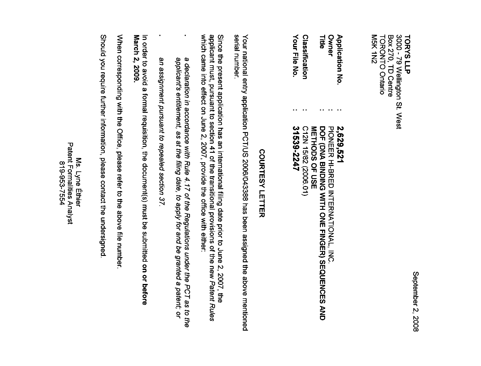 Canadian Patent Document 2629521. Correspondence 20080825. Image 1 of 1