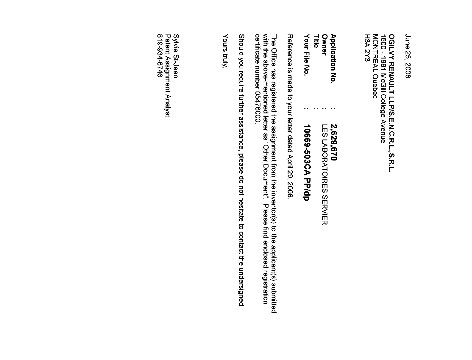 Document de brevet canadien 2629670. Correspondance 20071225. Image 1 de 1