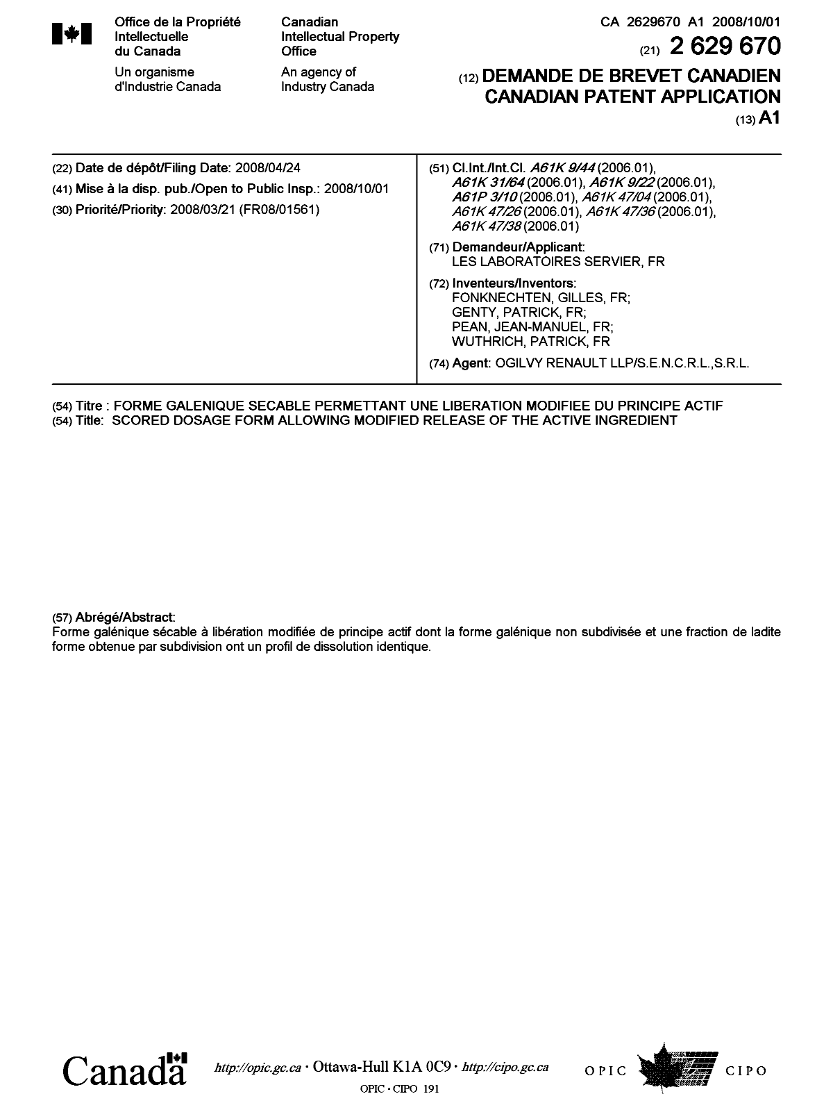 Document de brevet canadien 2629670. Page couverture 20080918. Image 1 de 1