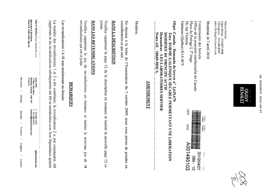 Document de brevet canadien 2629670. Poursuite-Amendment 20100407. Image 1 de 9