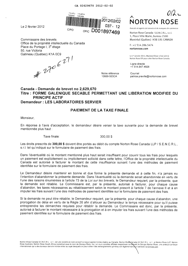 Document de brevet canadien 2629670. Correspondance 20120202. Image 1 de 2