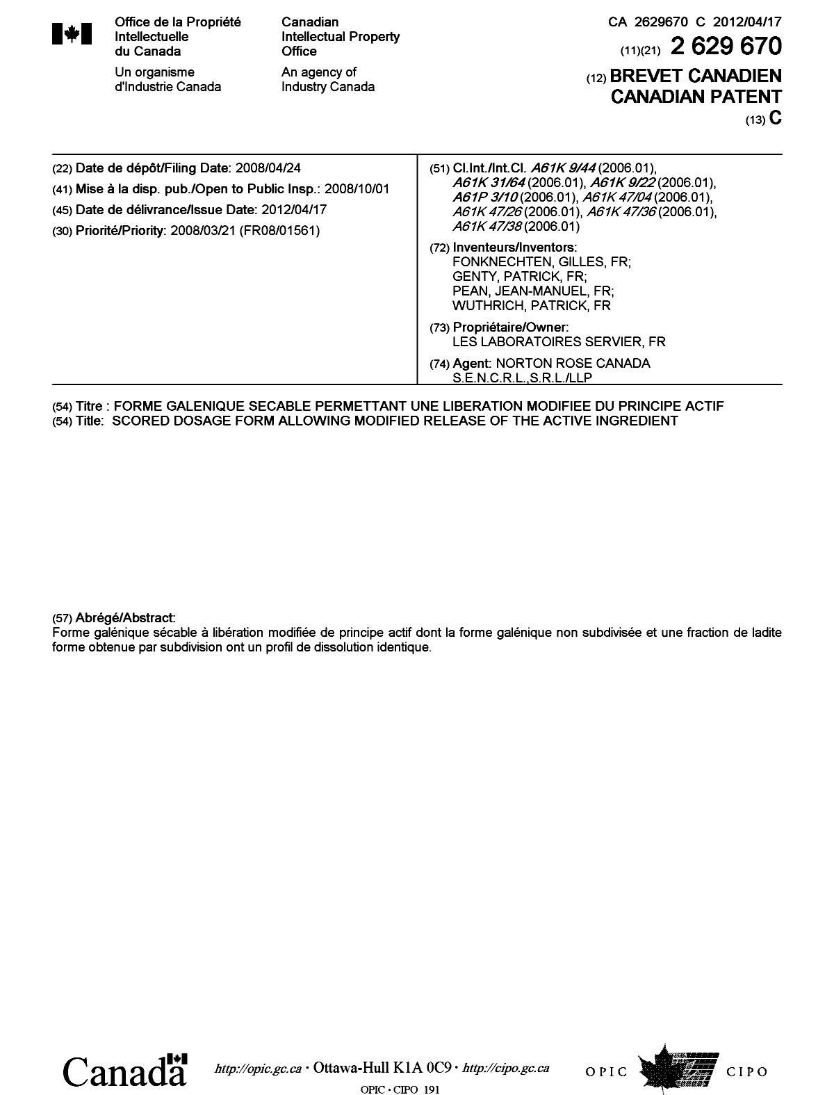 Document de brevet canadien 2629670. Page couverture 20120321. Image 1 de 1