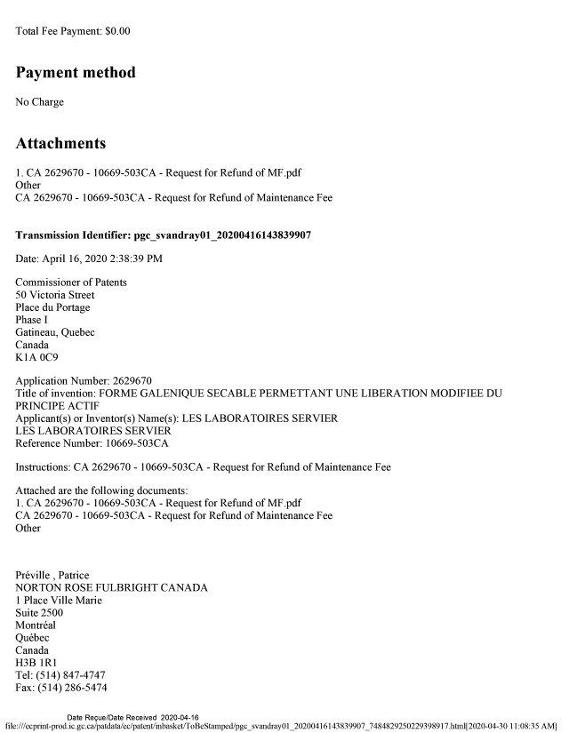 Document de brevet canadien 2629670. Remboursement 20200416. Image 2 de 4