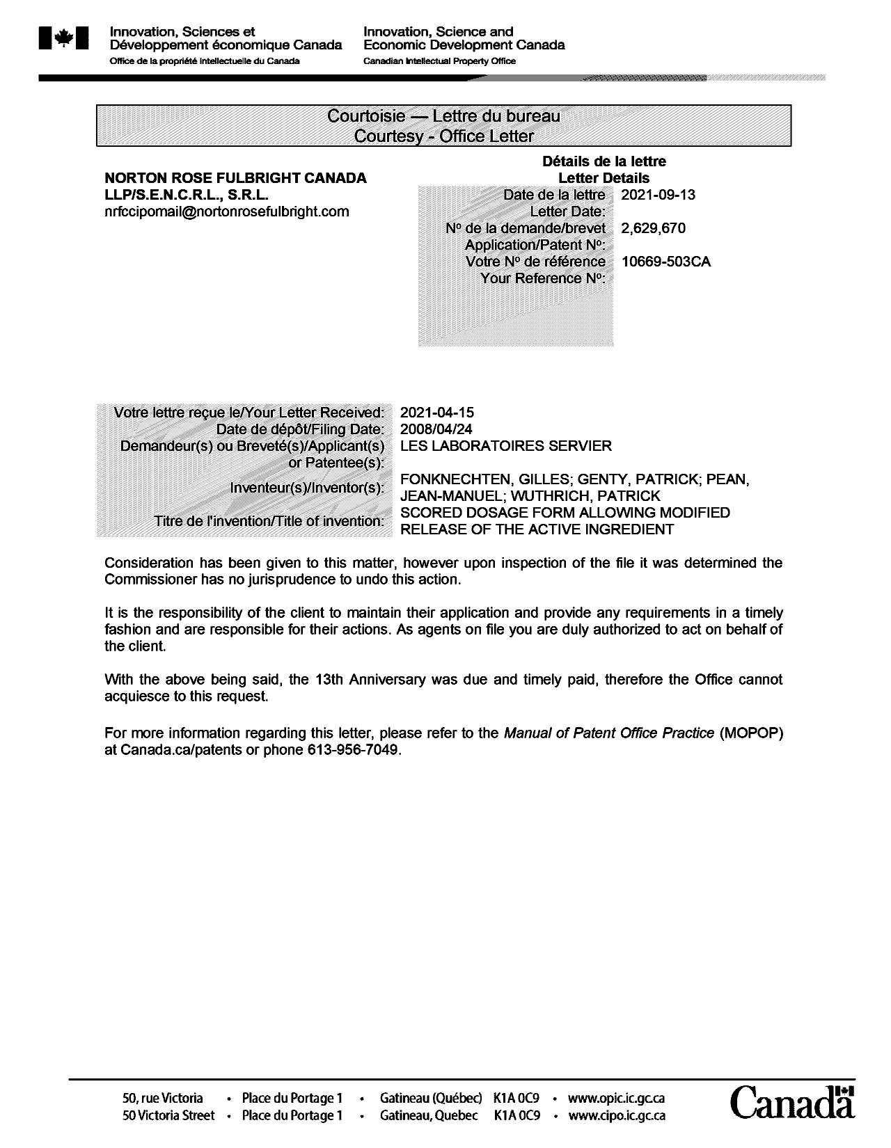 Document de brevet canadien 2629670. Lettre du bureau 20210913. Image 1 de 1