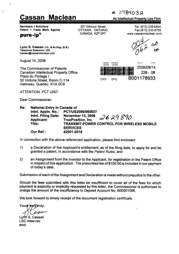 Document de brevet canadien 2629890. Correspondance 20080814. Image 1 de 2